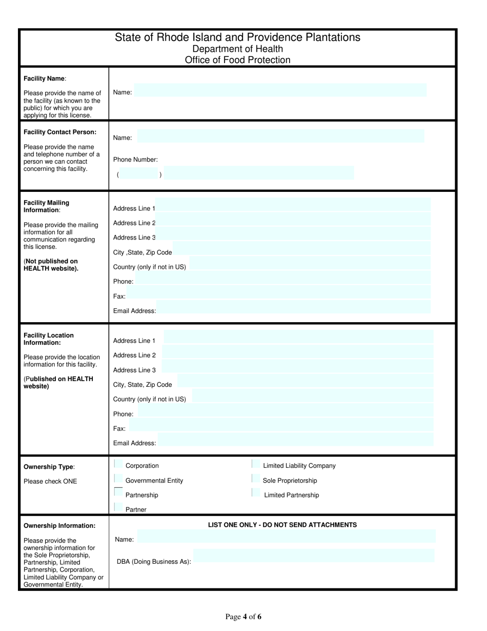 Application for Food Processor / Food Distributor Business License - Rhode Island, Page 4
