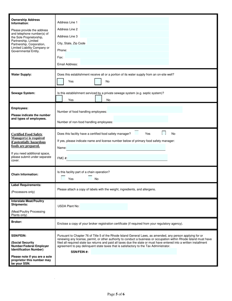 Application for Food Processor / Food Distributor Business License - Rhode Island, Page 5
