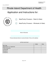 Document preview: Application for Meat/Poultry Processor - Retail (In-state)/Wholesale (In-state) - Rhode Island