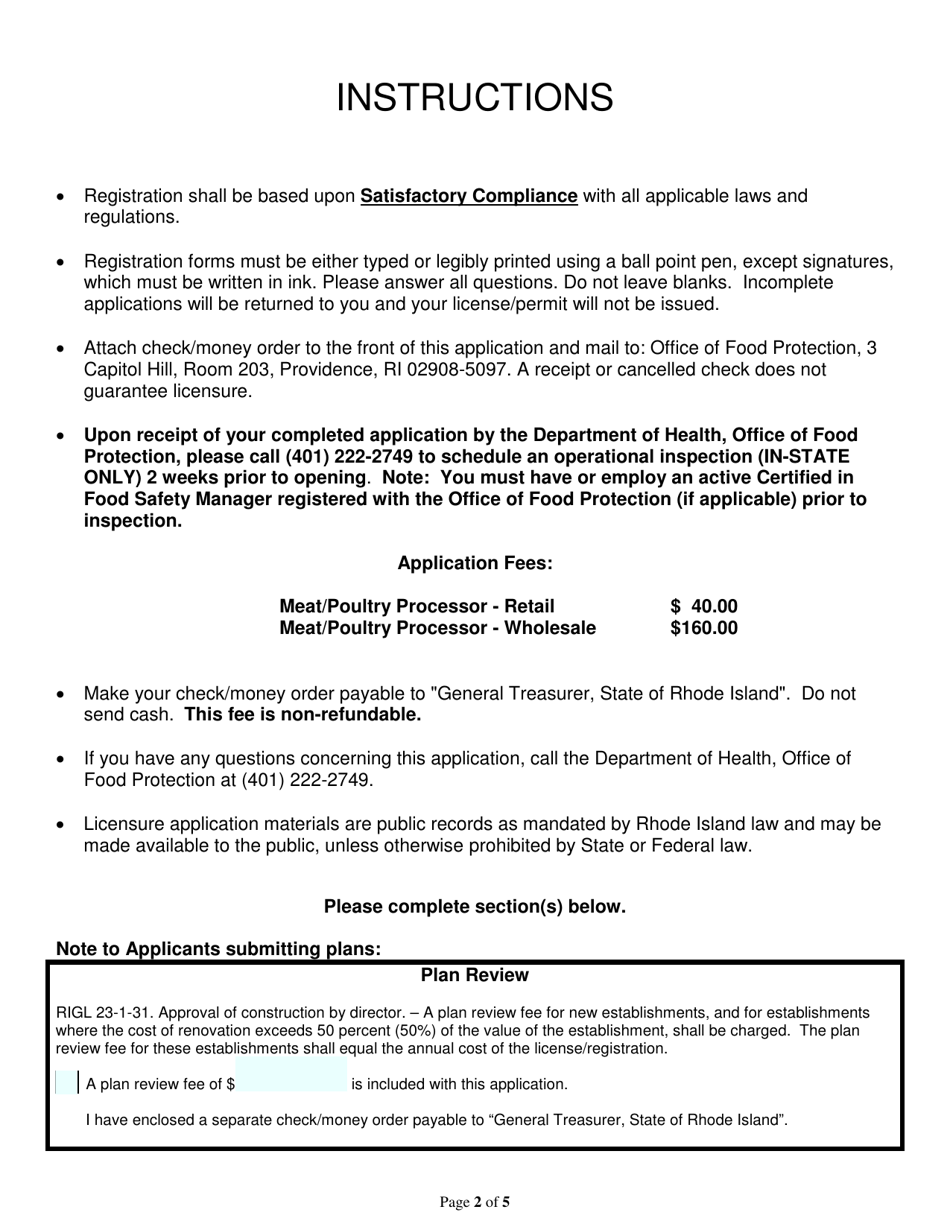 Application for Meat / Poultry Processor - Retail (In-state) / Wholesale (In-state) - Rhode Island, Page 2