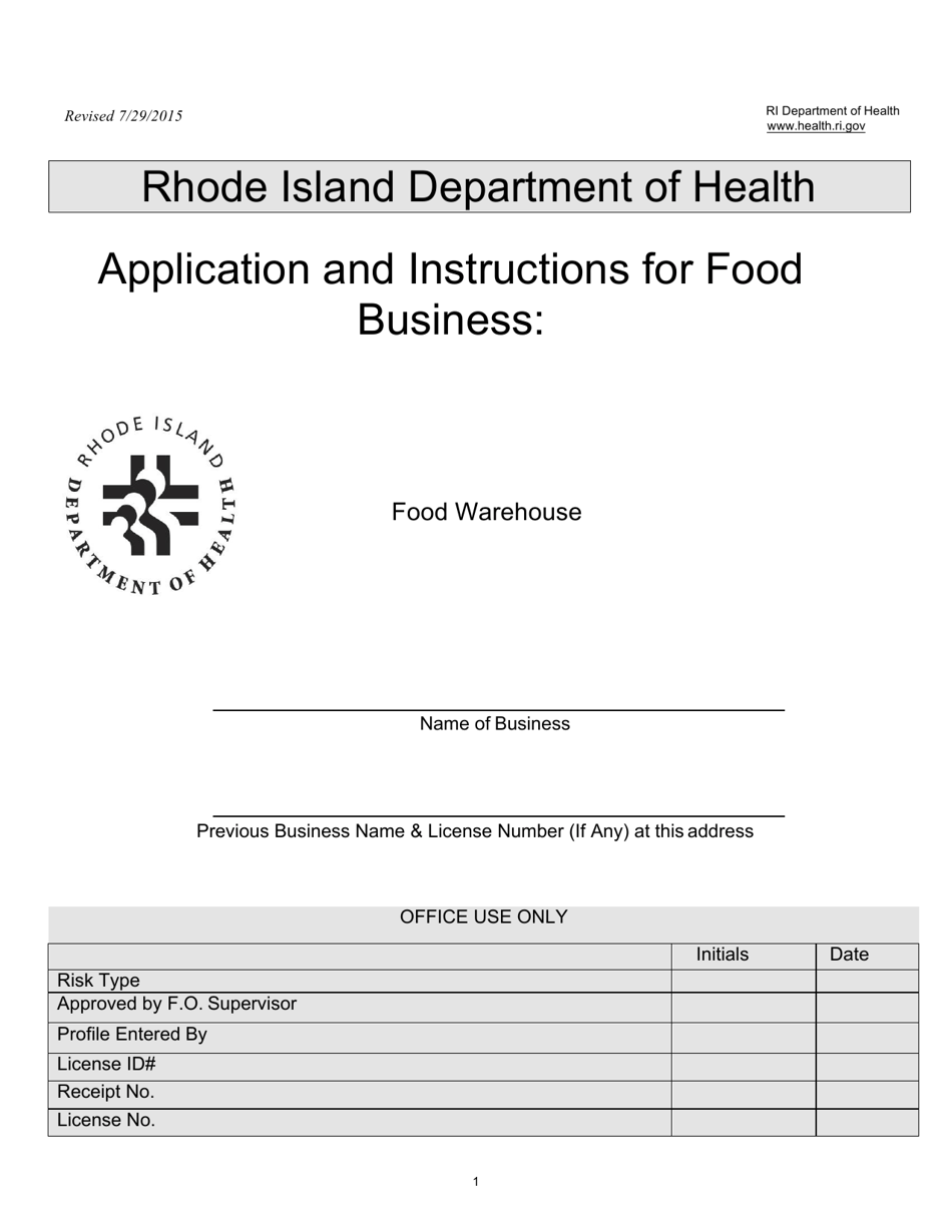 Application for Food Business: Food Warehouse - Rhode Island, Page 1
