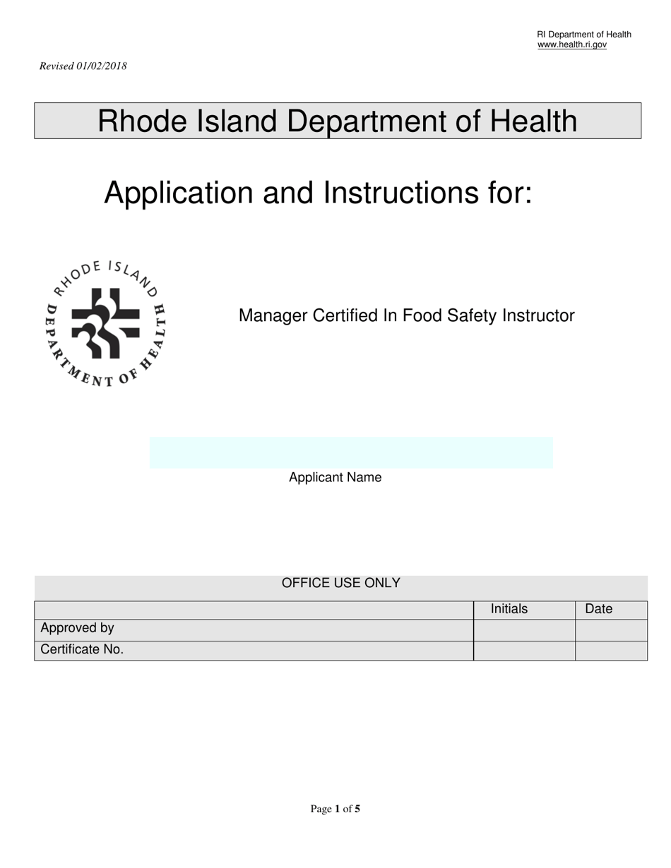 Application for Manager Certified in Food Safety Instructor - Rhode Island, Page 1