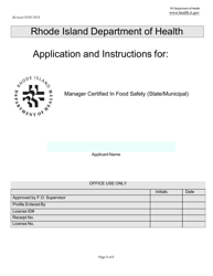 Document preview: Application for Manager Certified in Food Safety (State/Municipal) - Rhode Island