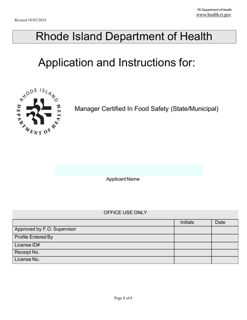 Application for Manager Certified in Food Safety (State / Municipal) - Rhode Island Download Pdf