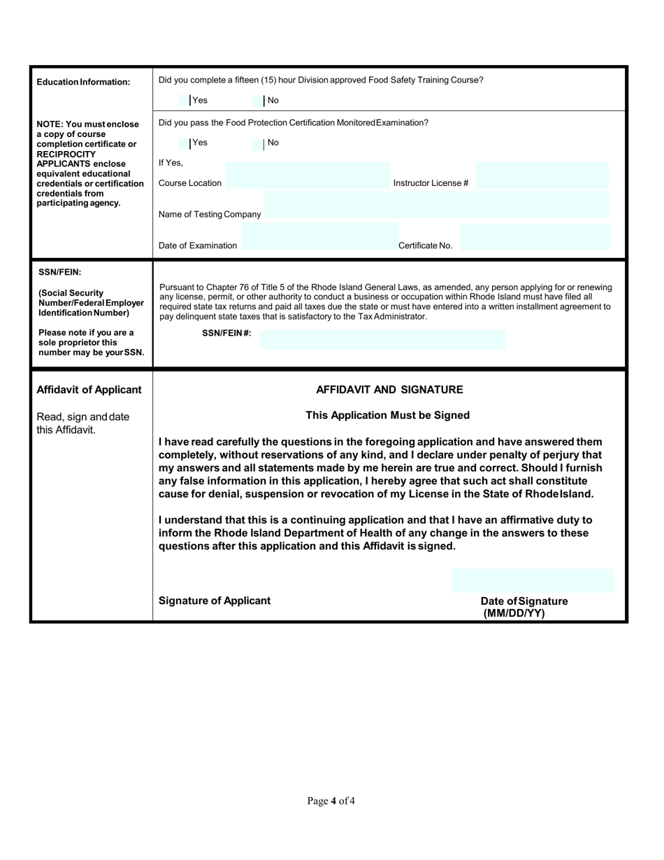 Application for Manager Certified in Food Safety (State / Municipal) - Rhode Island, Page 4
