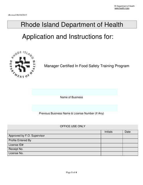Application for Manager Certified in Food Safety Training Program - Rhode Island Download Pdf