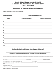 Document preview: Statement of Funeral Director/Embalmer - Rhode Island