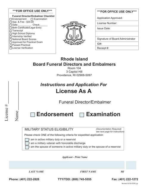 Application for License as a Funeral Director / Embalmer - Rhode Island Download Pdf