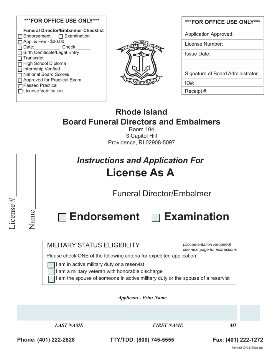Application for License as a Funeral Director / Embalmer - Rhode Island, Page 1