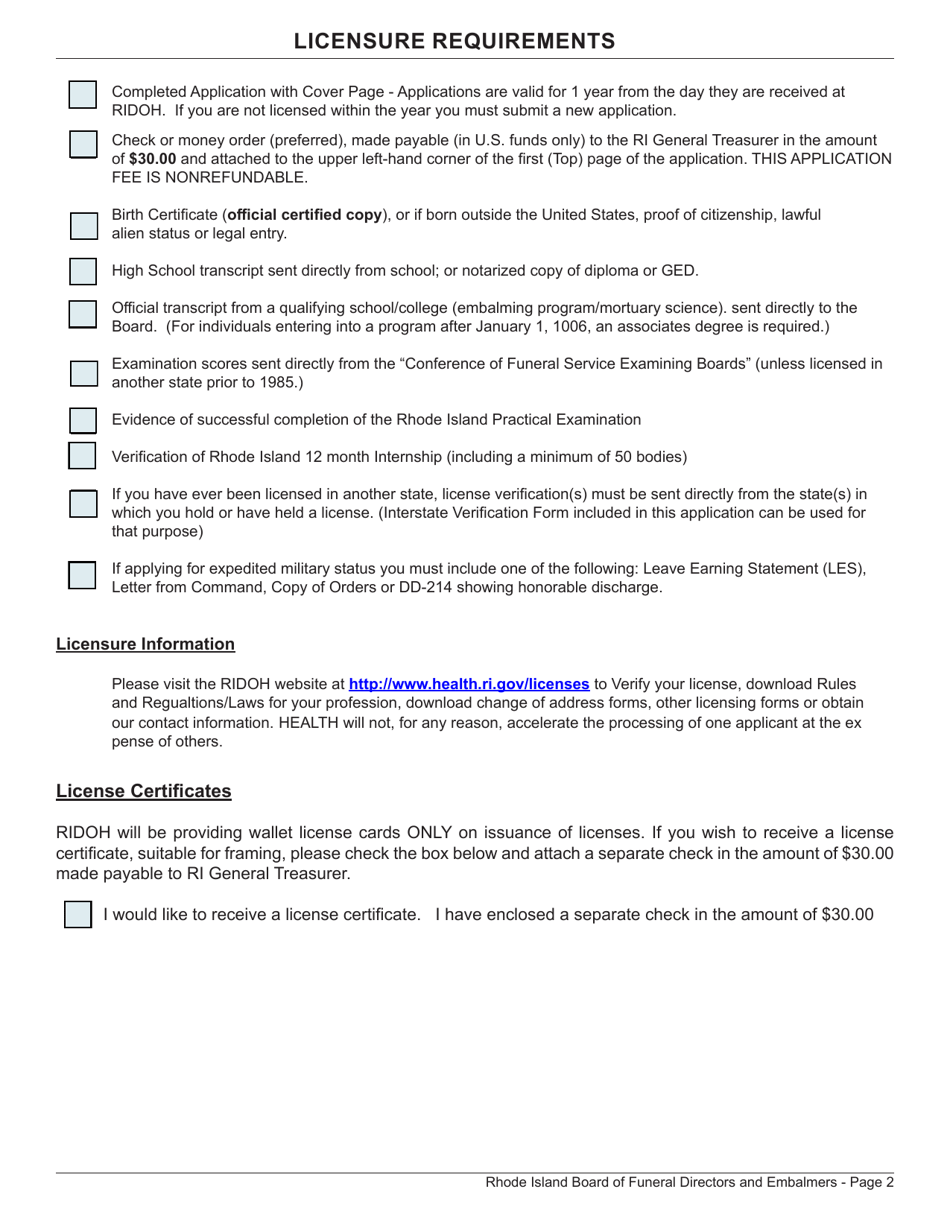 Application for License as a Funeral Director / Embalmer - Rhode Island, Page 2