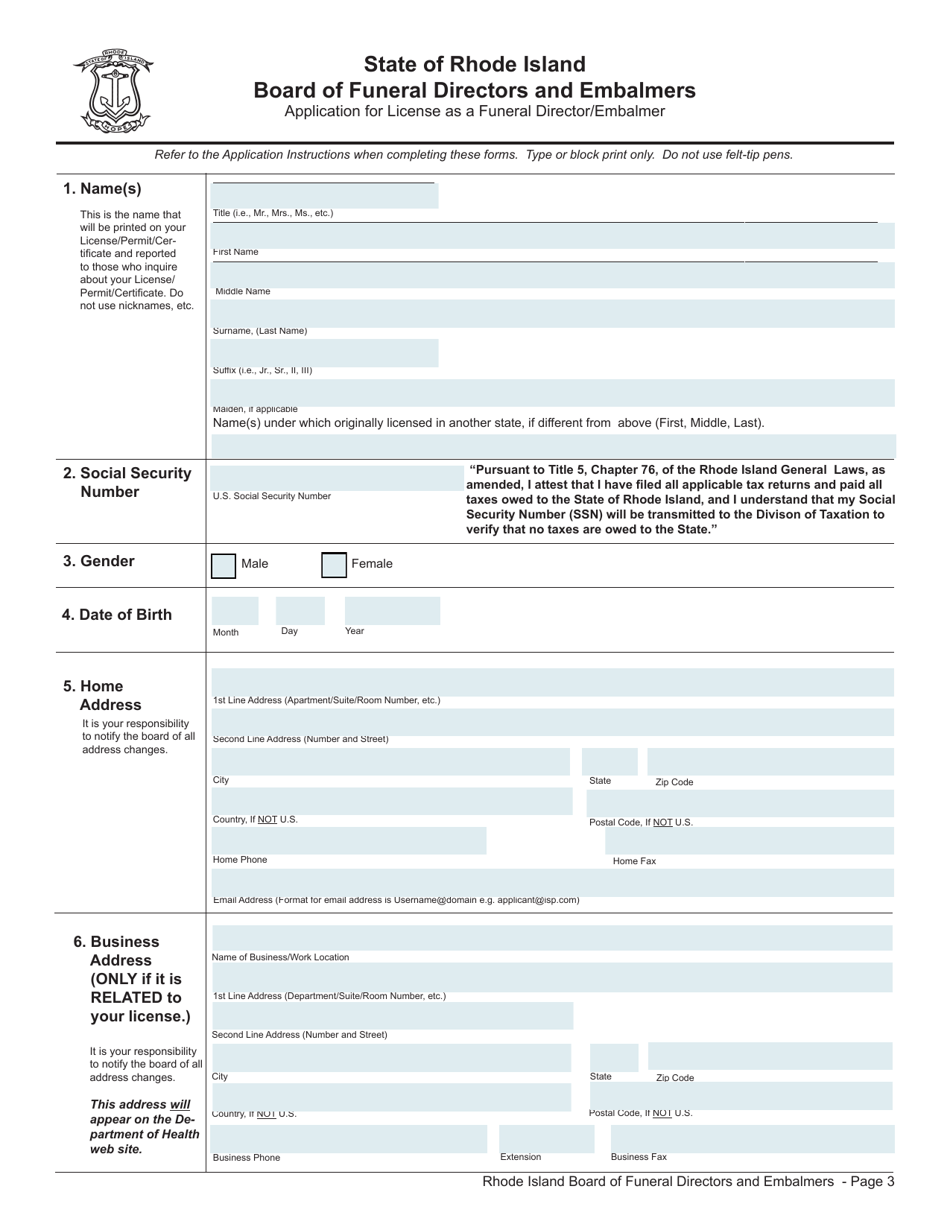 Rhode Island Application for License as a Funeral Director/Embalmer