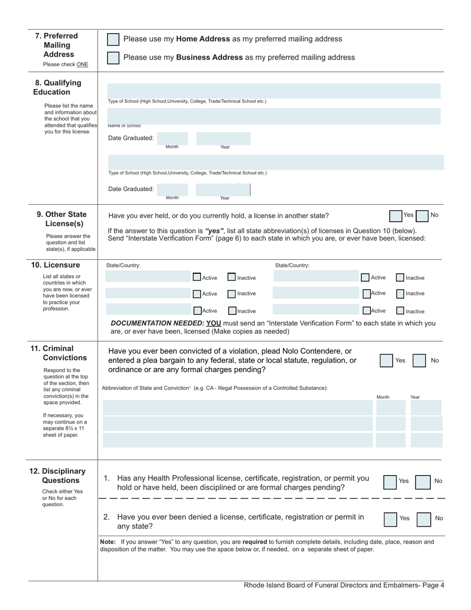 Rhode Island Application for License as a Funeral Director/Embalmer
