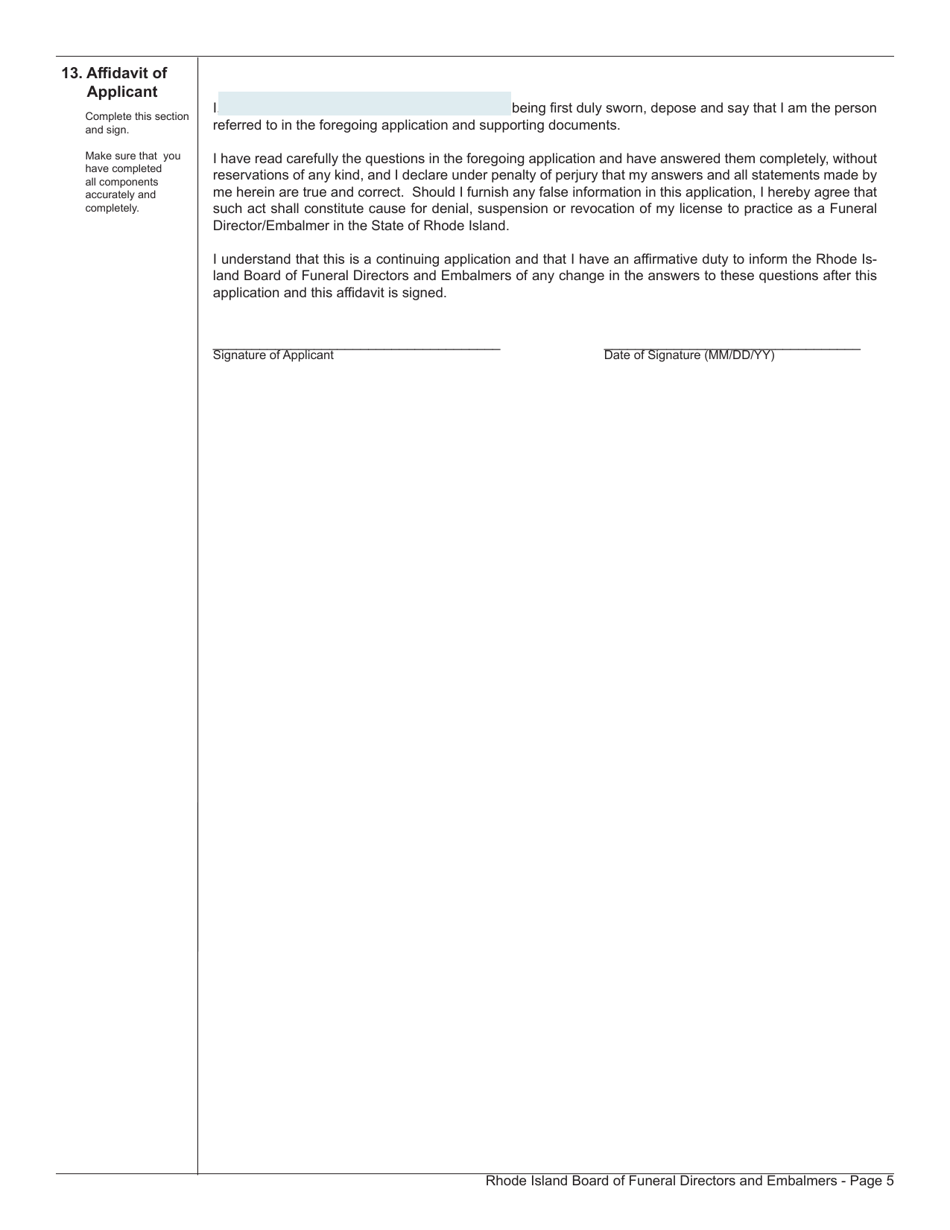 Application for License as a Funeral Director / Embalmer - Rhode Island, Page 5