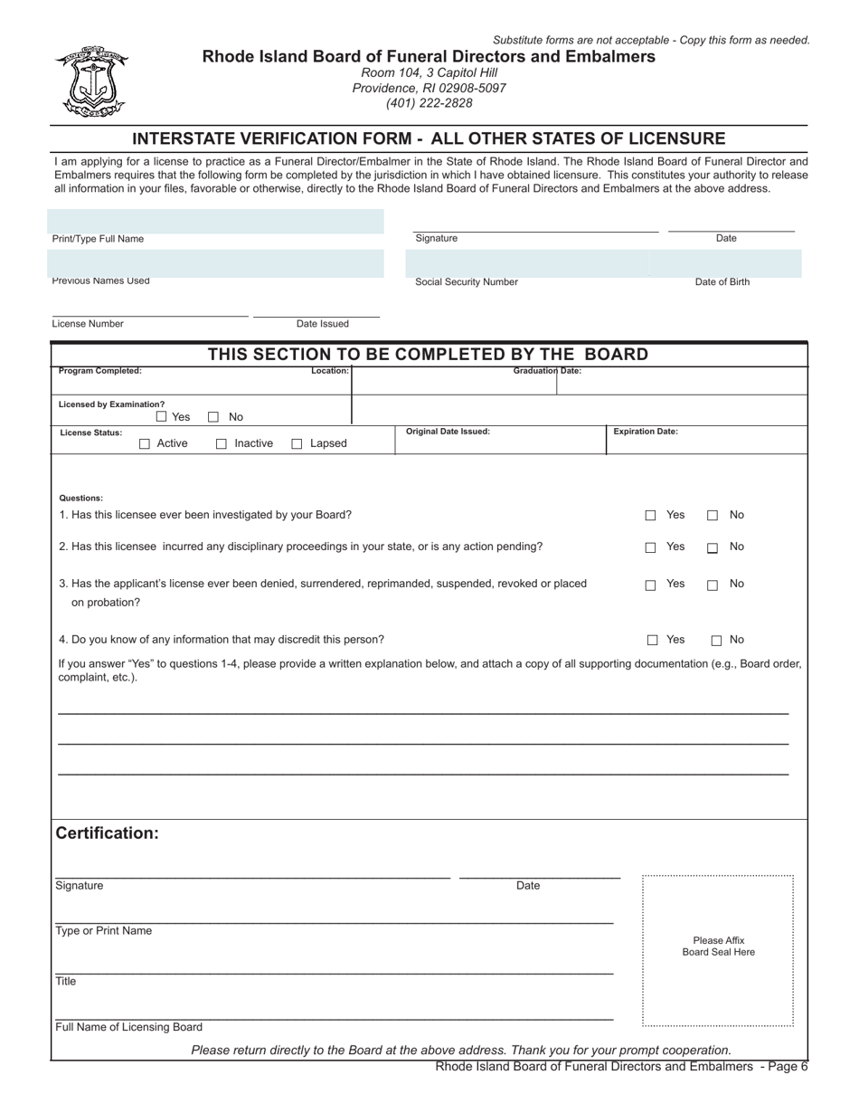 Rhode Island Application for License as a Funeral Director/Embalmer