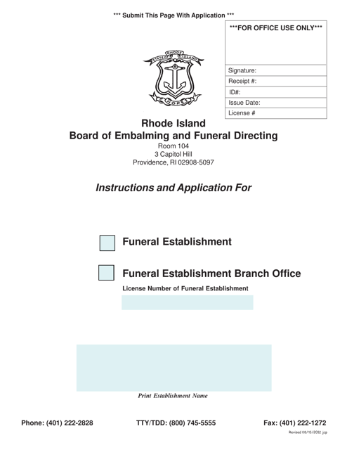Application for Funeral Establishment - Rhode Island Download Pdf