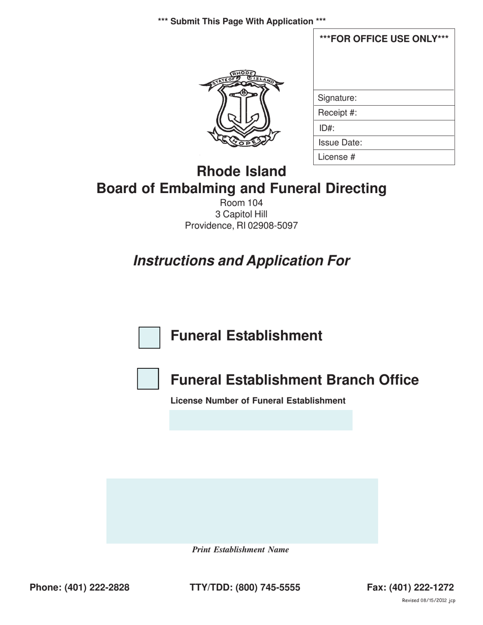 Application for Funeral Establishment - Rhode Island, Page 1