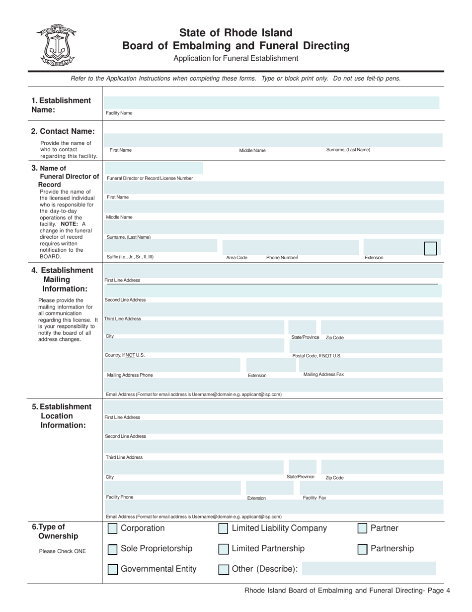 Application for Funeral Establishment - Rhode Island, Page 4