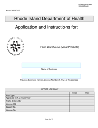 Document preview: Application for Farm Warehouse (Meat Products) - Rhode Island