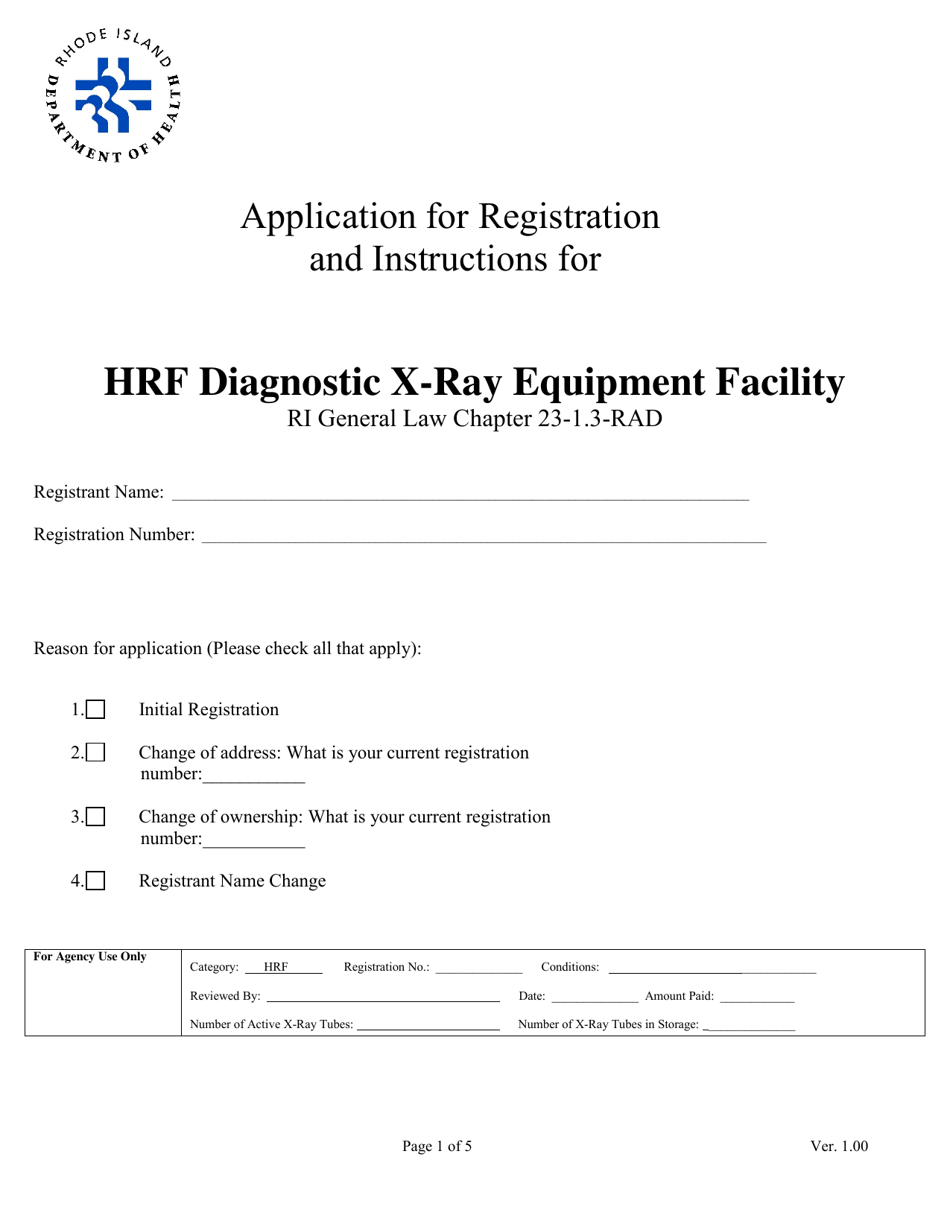 Application for Registration for Hrf Diagnostic X-Ray Equipment Facility - Rhode Island, Page 1