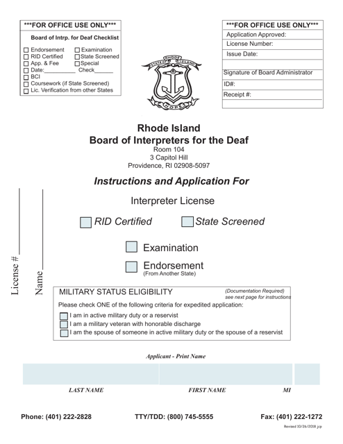 Application for Interpreter License - Rhode Island Download Pdf
