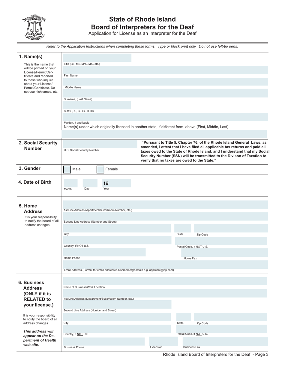 Application for Interpreter License - Rhode Island, Page 3