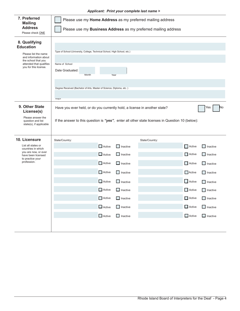 Application for Interpreter License - Rhode Island, Page 4