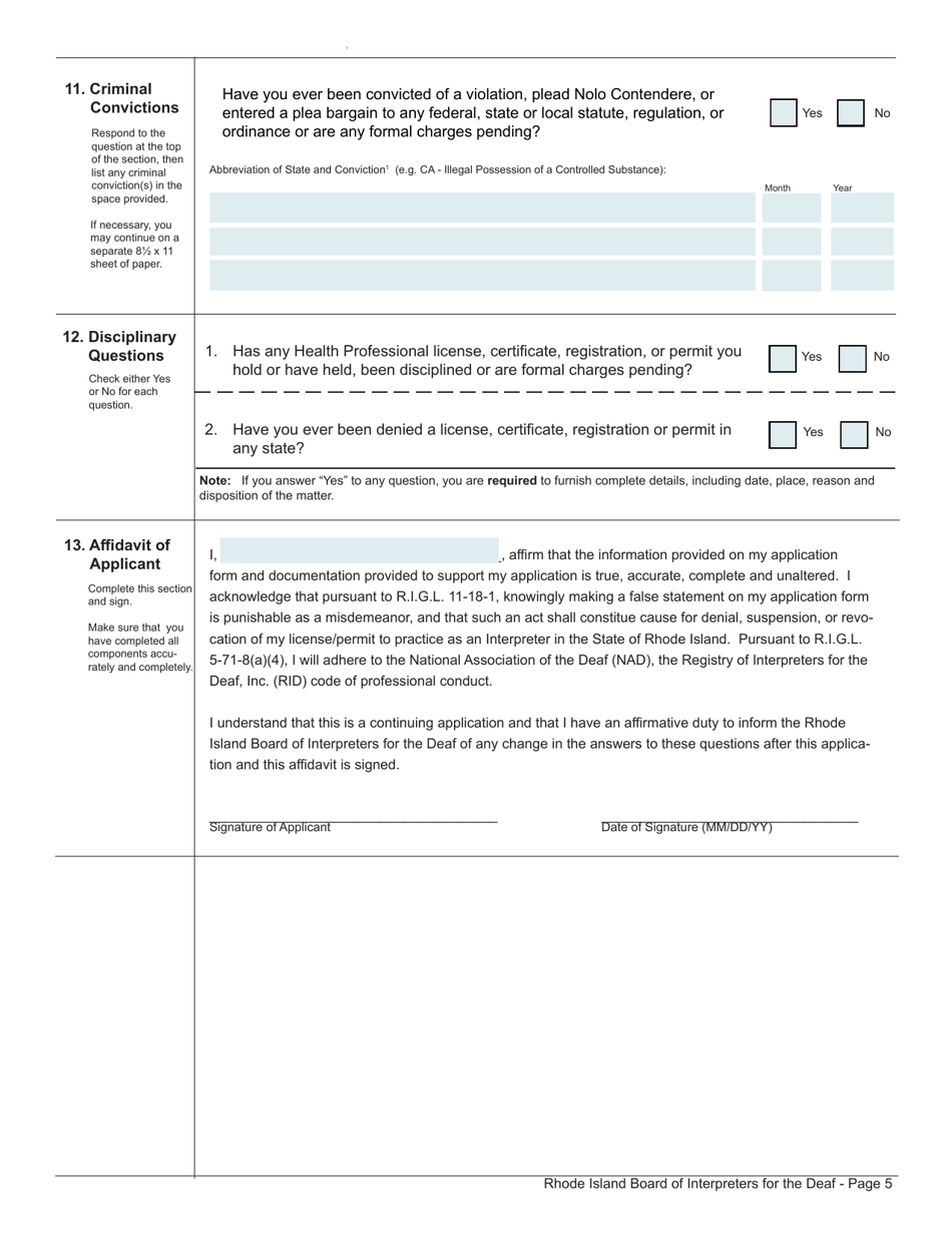 Application for Interpreter License - Rhode Island, Page 5