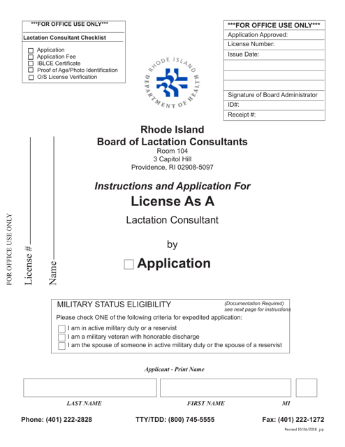 Application for License as a Lactation Consultant - Rhode Island Download Pdf