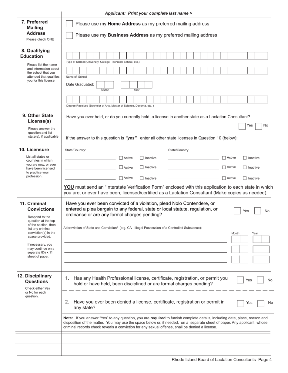 Application for License as a Lactation Consultant - Rhode Island, Page 4