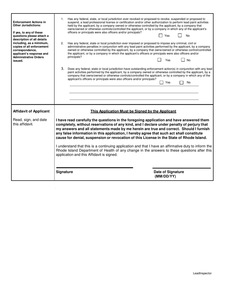 Application for Lead Inspector - Rhode Island, Page 4