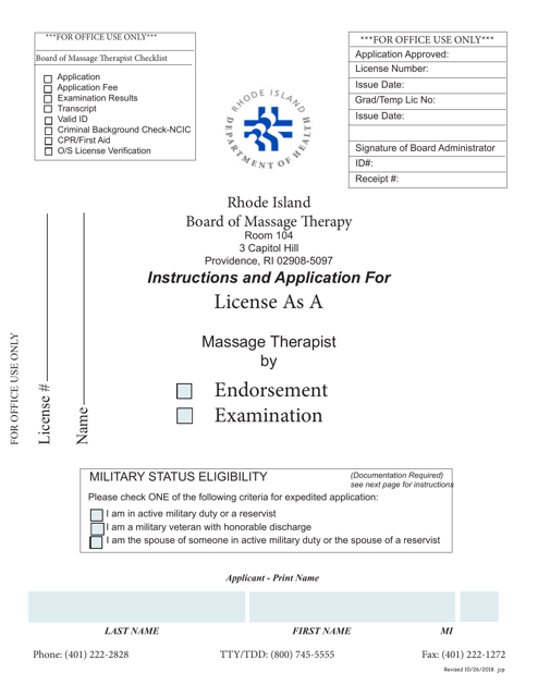Application for License as a Massage Therapist - Rhode Island Download Pdf