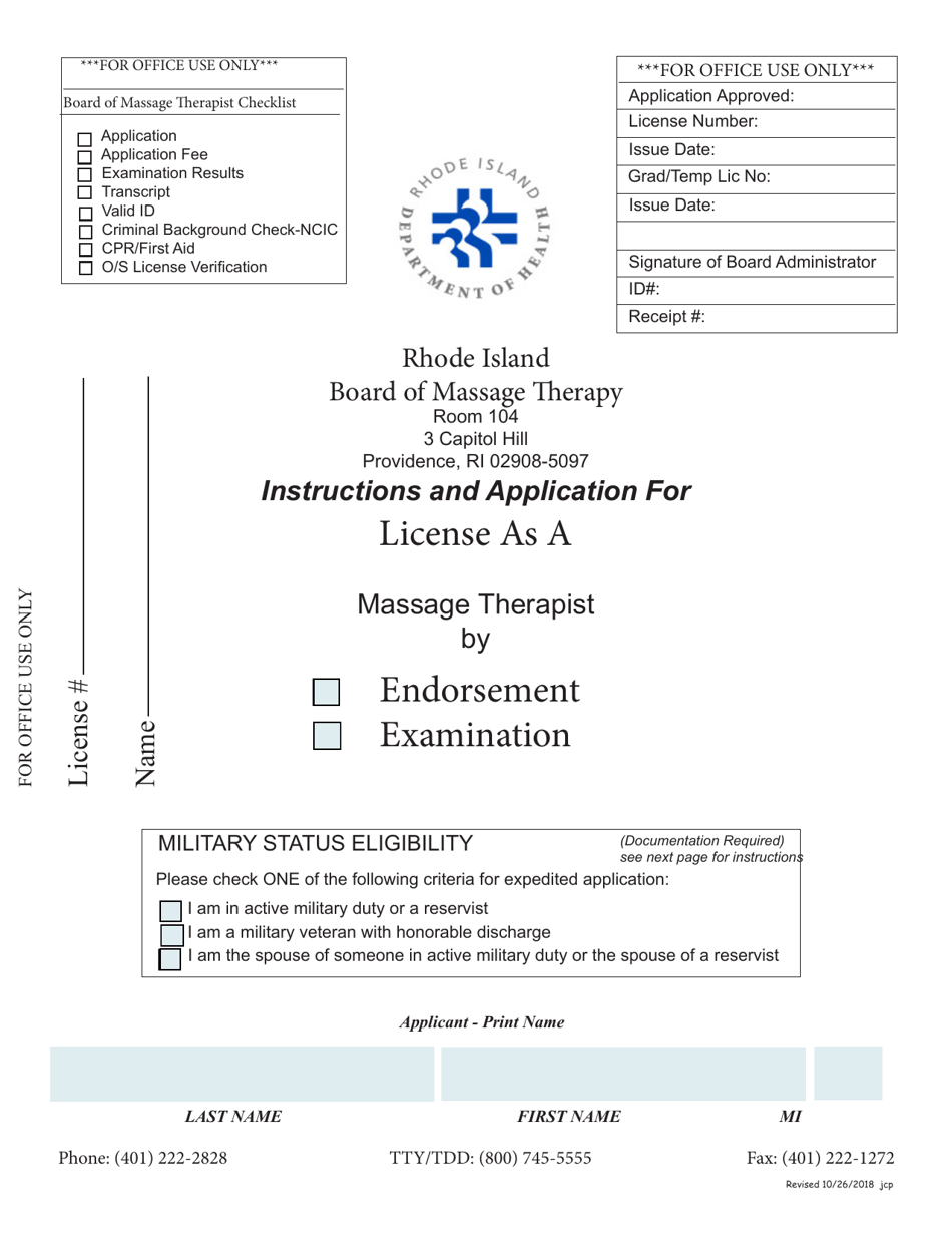 Application for License as a Massage Therapist - Rhode Island, Page 1
