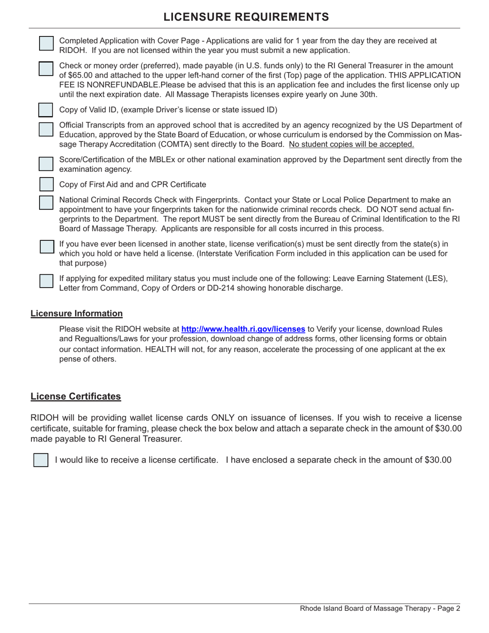 Application for License as a Massage Therapist - Rhode Island, Page 2