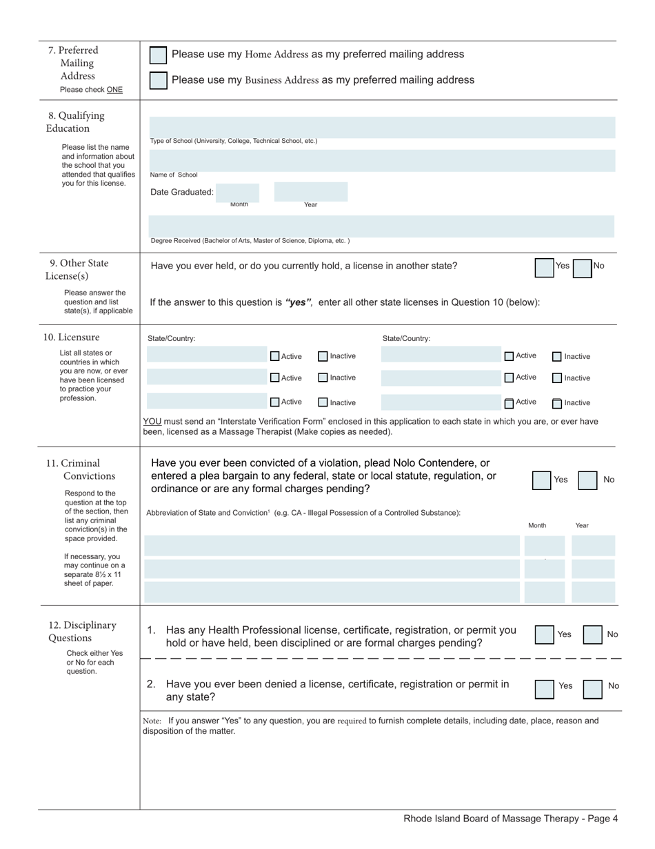Application for License as a Massage Therapist - Rhode Island, Page 4