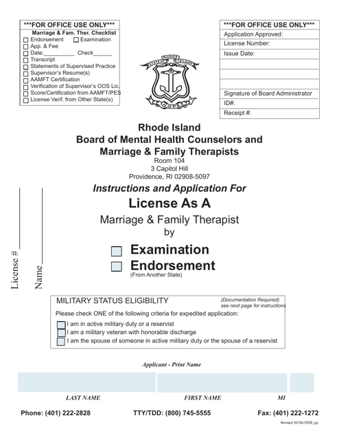 Application for License as a Marriage & Family Therapist - Rhode Island Download Pdf
