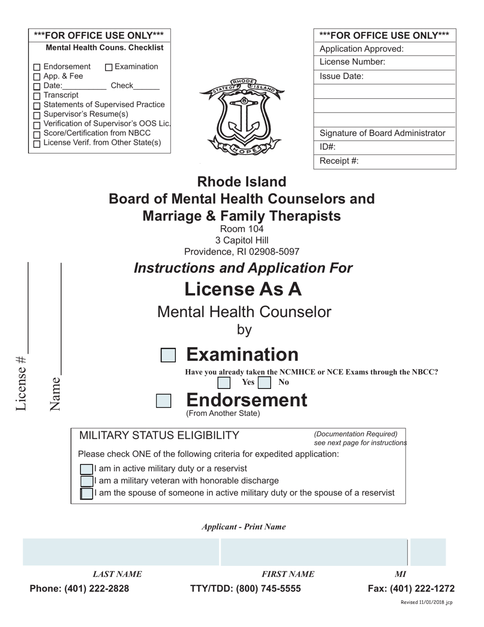 Application for License as a Mental Health Counselor - Rhode Island, Page 1