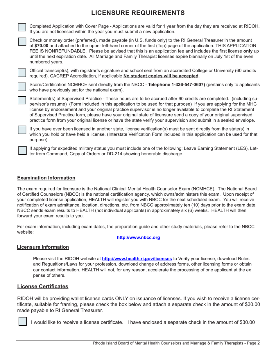 Application for License as a Mental Health Counselor - Rhode Island, Page 2