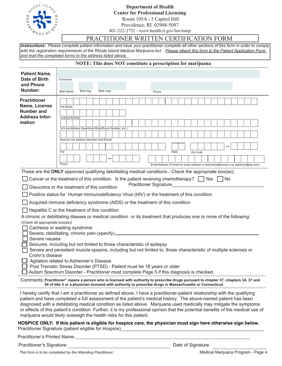 Practitioner Written Certification Form - Rhode Island, Page 1