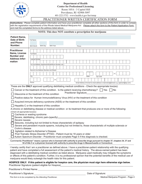Practitioner Written Certification Form - Rhode Island Download Pdf