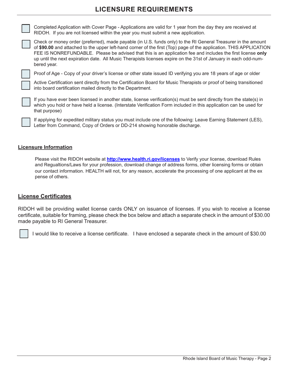 Application for License as a Music Therapist - Rhode Island, Page 2