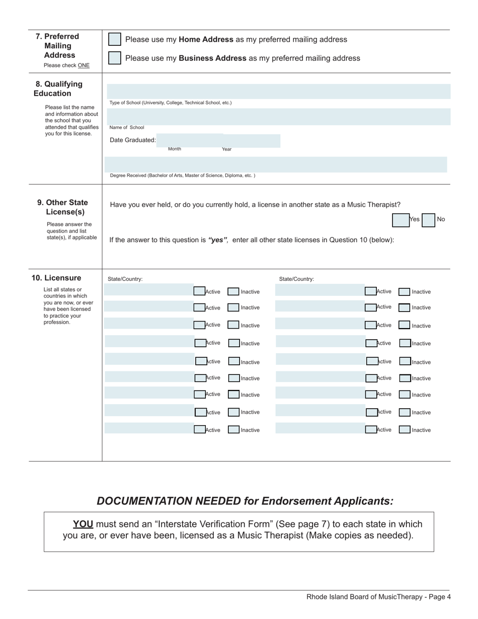 Application for License as a Music Therapist - Rhode Island, Page 4