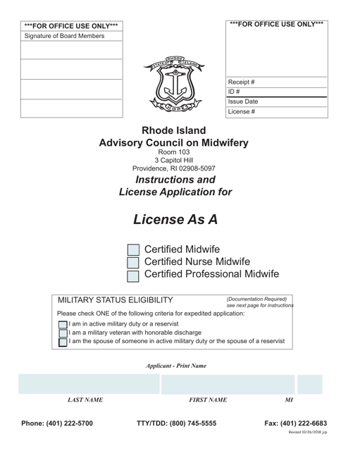 Application for License as a Certified Midwife/Certified Nurse Midwife/Certified Professional Midwife - Rhode Island Download Pdf