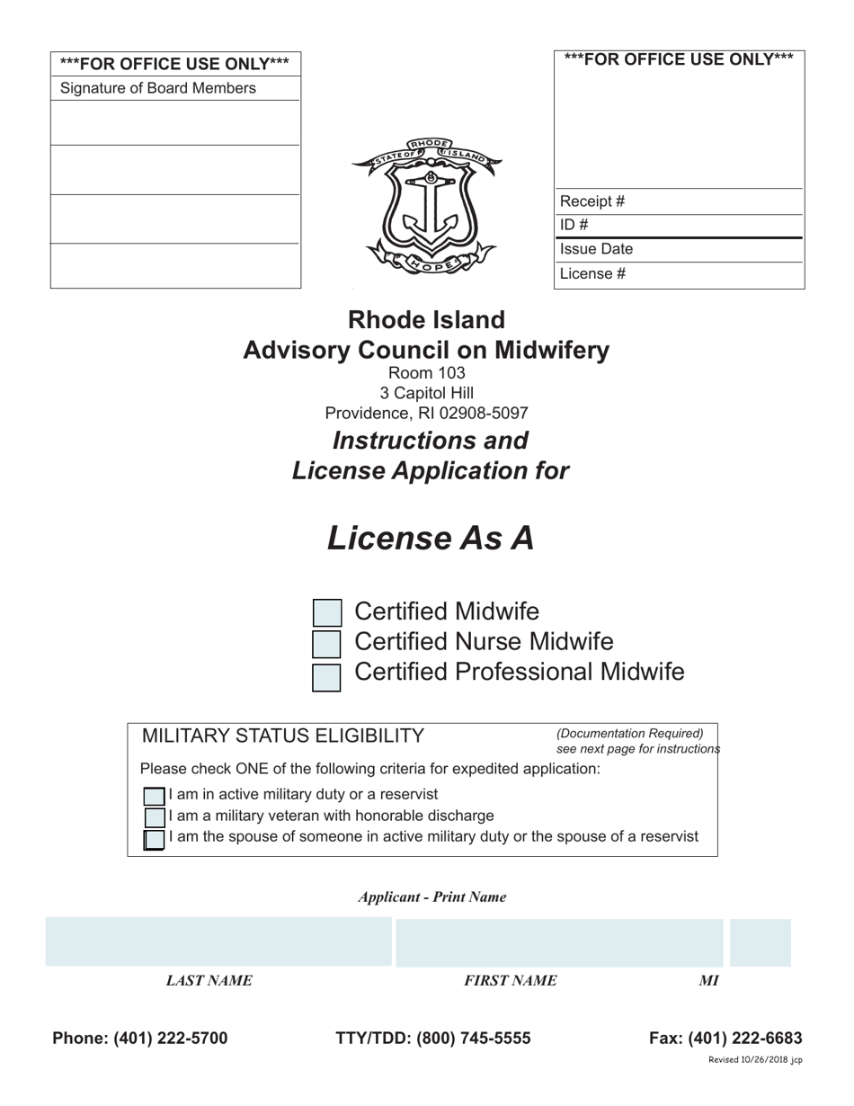 Application for License as a Certified Midwife/Certified Nurse Midwife/Certified Professional Midwife - Rhode Island, Page 1