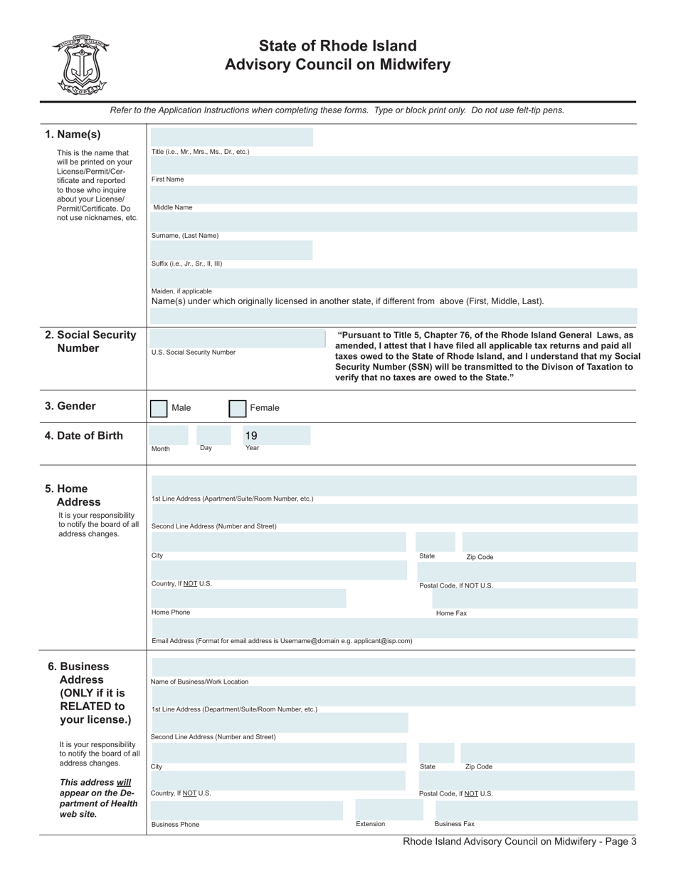Application for License as a Certified Midwife / Certified Nurse Midwife / Certified Professional Midwife - Rhode Island, Page 3