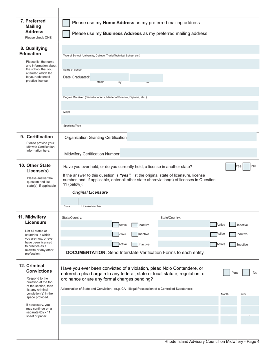 Application for License as a Certified Midwife / Certified Nurse Midwife / Certified Professional Midwife - Rhode Island, Page 4