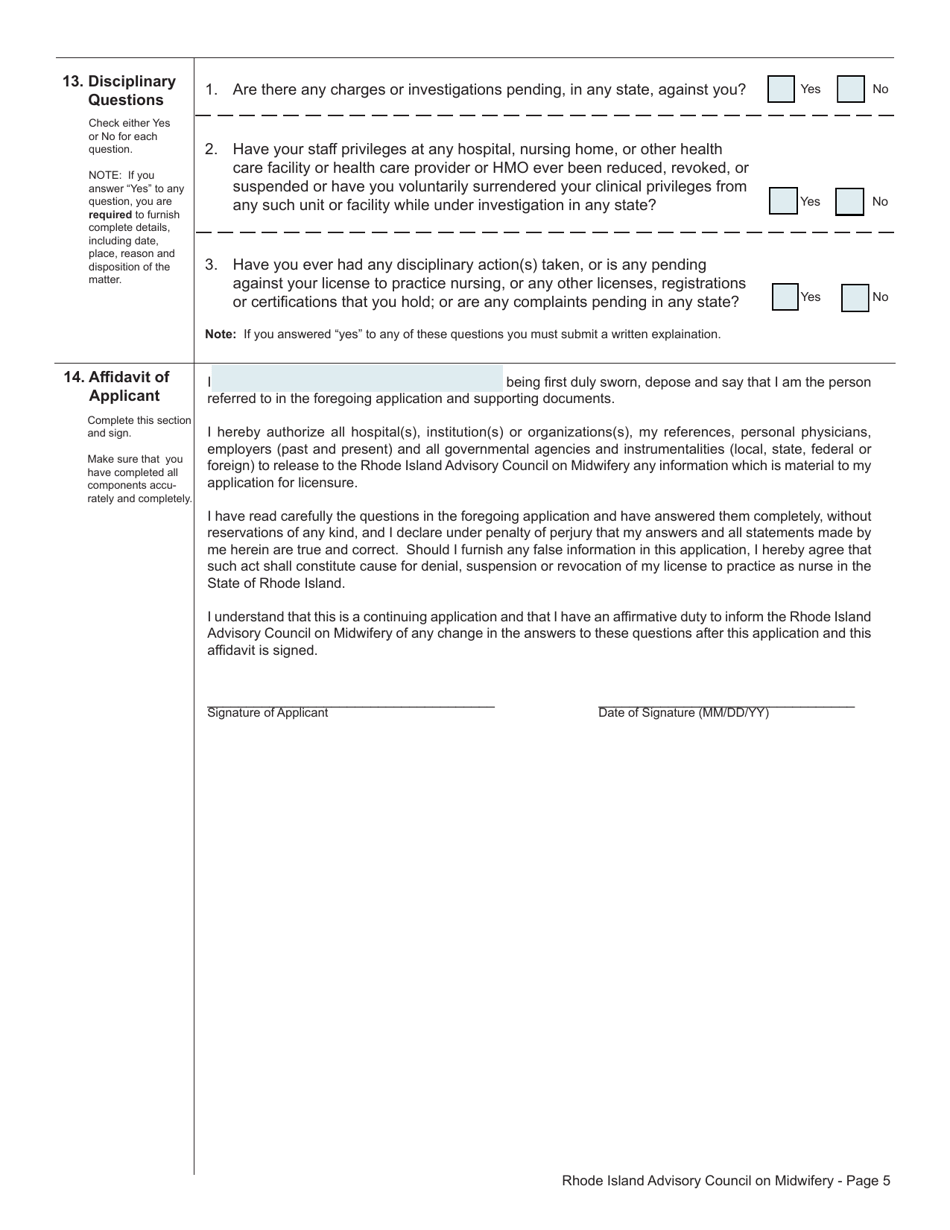 Application for License as a Certified Midwife / Certified Nurse Midwife / Certified Professional Midwife - Rhode Island, Page 5