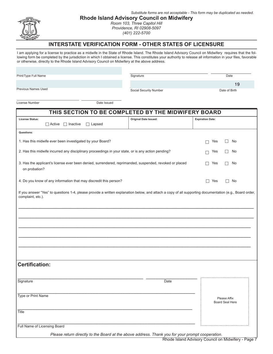Application for License as a Certified Midwife / Certified Nurse Midwife / Certified Professional Midwife - Rhode Island, Page 7