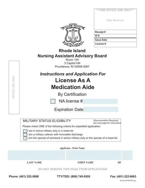 Application for License as a Medication Aide - Rhode Island Download Pdf