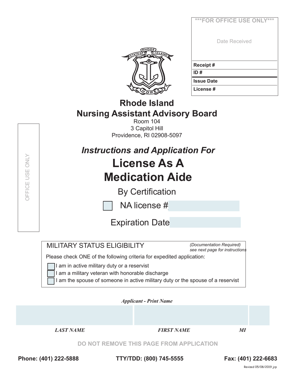 Application for License as a Medication Aide - Rhode Island, Page 1
