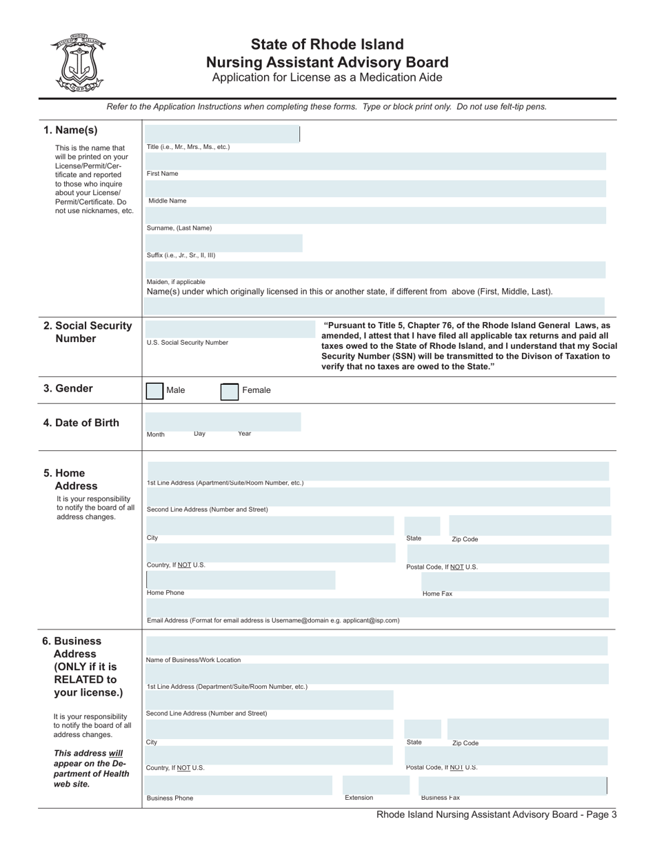 Rhode Island Application for License as a Medication Aide - Fill Out ...